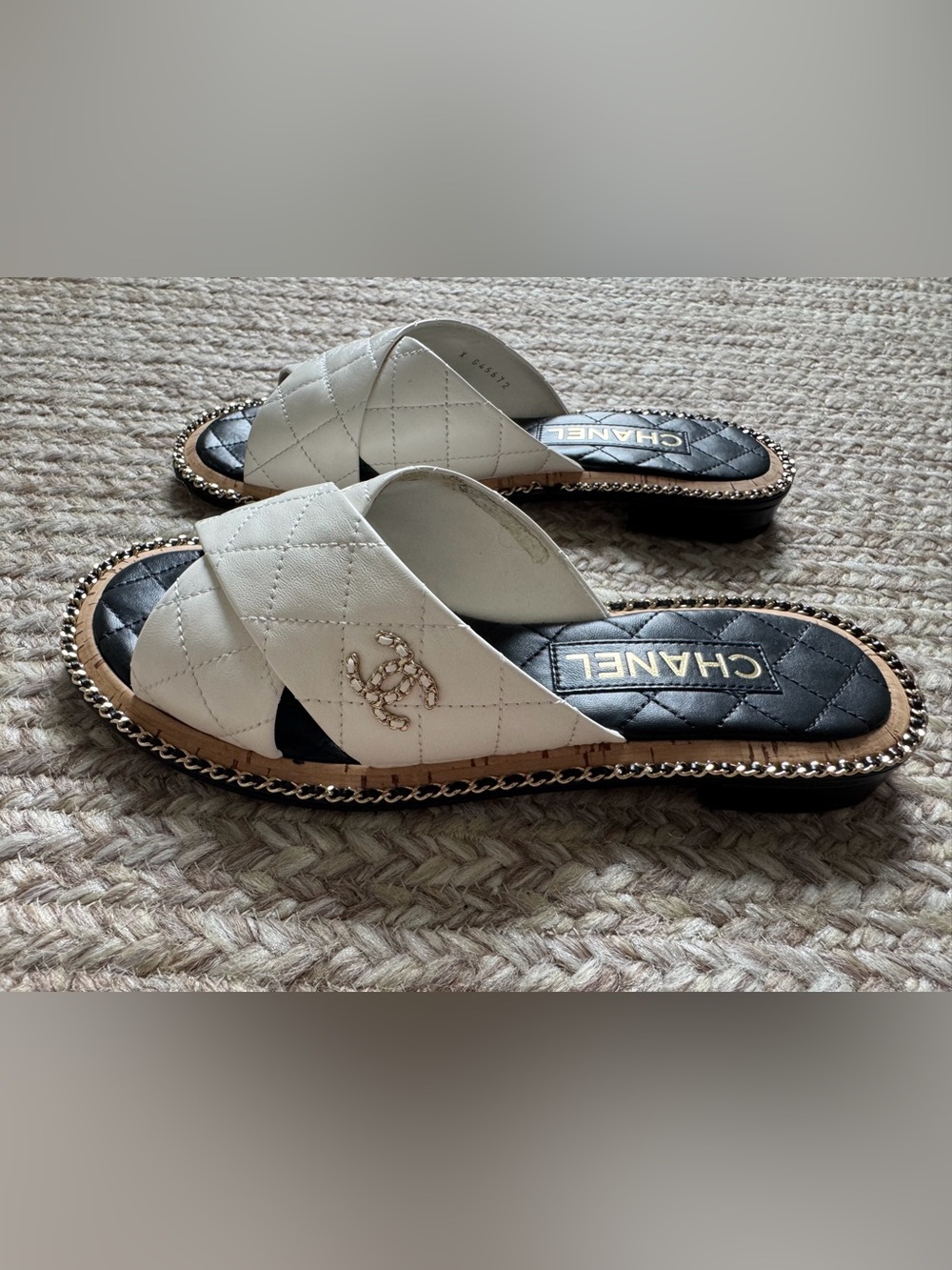 CHANEL Chain Quilted CC Crisscross Slide Sandals